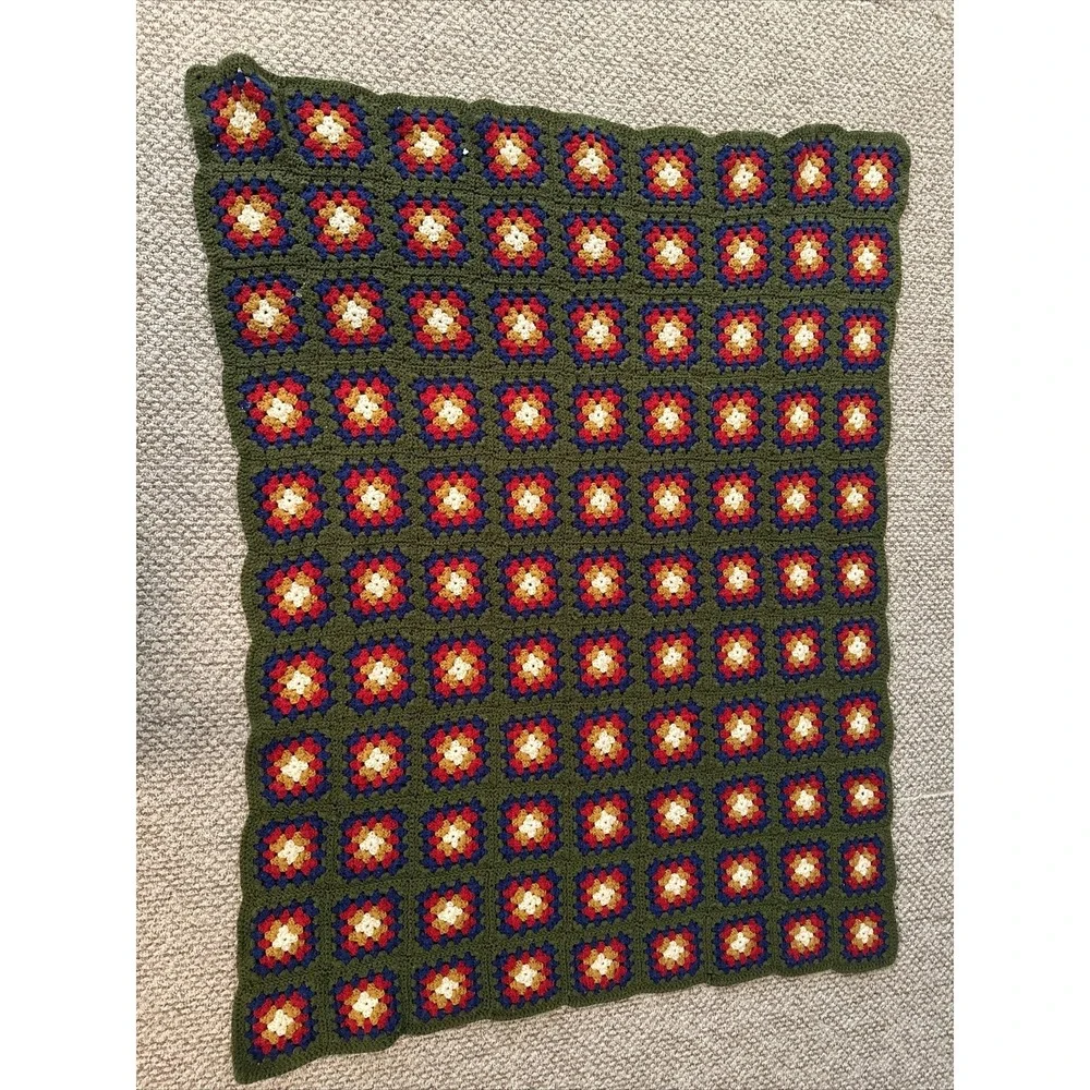 VTG 70s Afghan Hand Crocheted Granny Square Multi-Color Throw Blanket 60x47